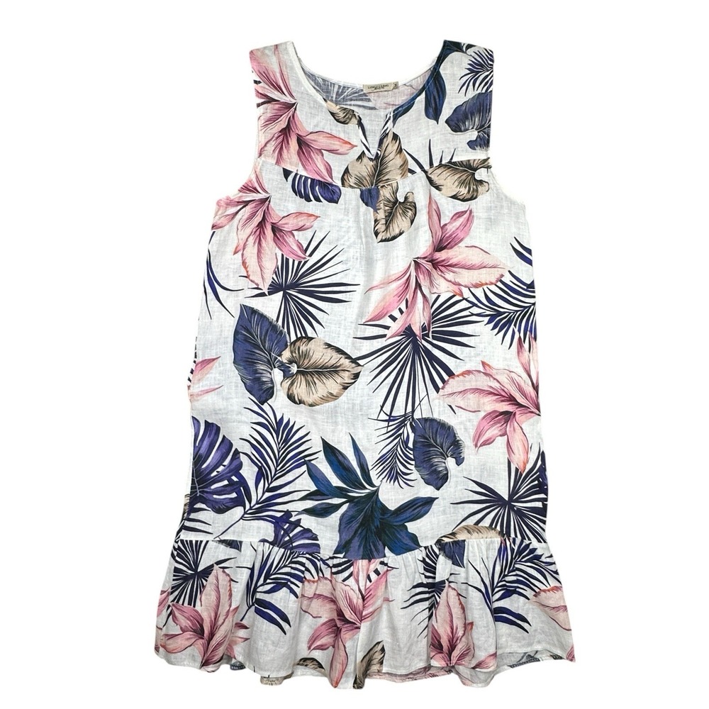 Lungo LArno Dress Linen‎ Women's Medium Sleeveless White Floral Tropical